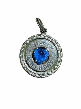 Vintage Silver Tone Happy Birthday w/ Faux Sapphire Charm